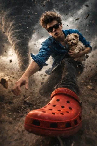Surreal Tornado Blue Shirt Red Crocs Fashion — Nano Banana 2 AI Prompt: A surreal wide-angle cinematic shot of a me (photo attached) caught in a powerfu...