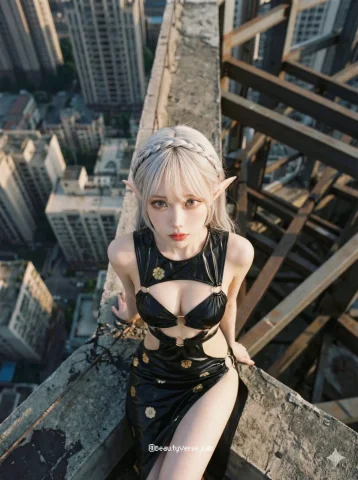 Rooftop Intense Gaze — Nano Banana 2 AI Prompt: { "prompt": "Cinematic film still, **extreme top-down MEDIUM shot**. The woman...