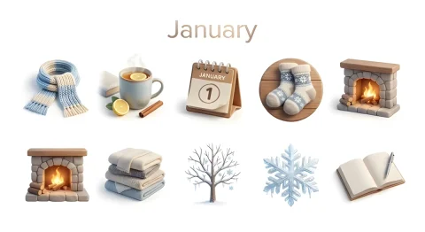Pure White 3D Monthly Icons — Nano Banana 2 AI Prompt: Create a collection of icons representing [Month] through objects, symbols, and...