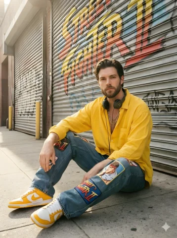 Street Fighter Graffiti Portrait — Nano Banana 2 AI Prompt: Sunlit urban streetwear portrait of a stylish young man sitting casually on a co...