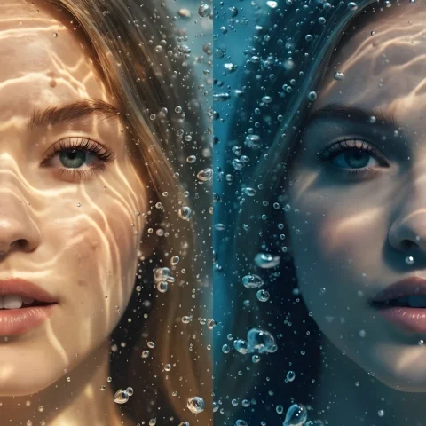 Underwater Golden Dream Split — Nano Banana 2 AI Prompt: Create a 2-panel split composition. Left panel: Hyper-realistic, ultra-detailed...