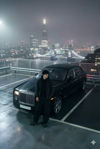 London Fog Rolls-Royce Street Style — Nano Banana 2 AI Prompt: A Photo Of A Young Man Wearing Baggy Black Pants And The Jacket And Shoes Shown...