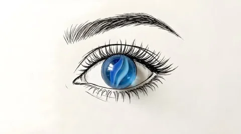Minimalist Blue Eye Marble — Nano Banana 2 AI Prompt: Create a minimalist mixed-media illustration that combines a simple black line d...
