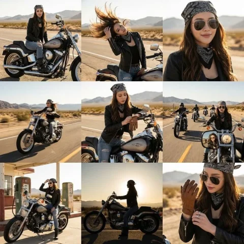 Nine-Grid Motorcycle Rider Portrait — Nano Banana 2 AI Prompt: { "Objective": "Create a 3x3 grid photo collage with motorcycle biker aesthetics...