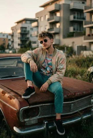 Urban Fashion Portrait on an Abandoned Classic Car — Nano Banana 2 AI Prompt: { "composition": { "framing": "centered subject with symmetrical balance", "pers...