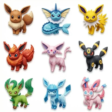 Eevee Evolution 3D Icon Collection — Nano Banana 2 AI Prompt: Create a collection of icons representing Eeveelution, they belong together as a...