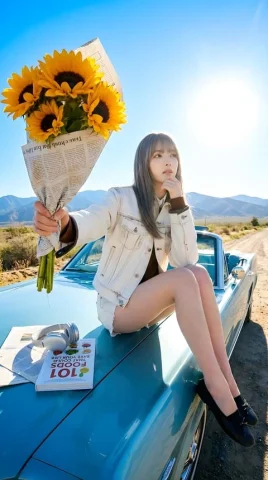 Sunshine Road Trip Sunflower — Nano Banana 2 AI Prompt: A dynamic wide-angle landscape portrait of a woman sitting on the hood of a vint...