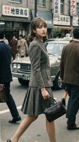 1968 Tokyo Street Commute — Nano Banana 2 AI Prompt: A candid, documentary-style photograph from 1968 (Showa 43) Tokyo. A working wom...