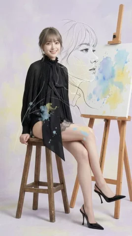 Line Drawing Overlap of Studio Artist — Nano Banana 2 AI Prompt: A hyper-realistic full-body shot of a young beautiful female artist sitting on a...