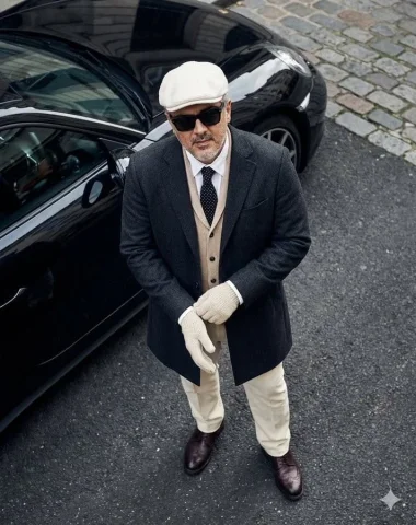 Downward shot of a well-dressed gentleman — Nano Banana 2 AI Prompt: High-angle bird's eye view shot, looking down at a stylish man standing on a dar...