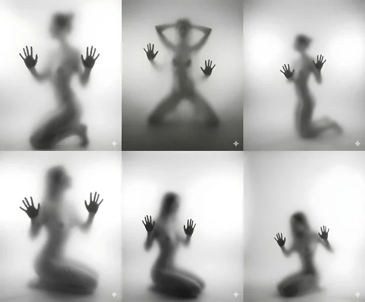 Black-and-white silhouette behind frosted glass