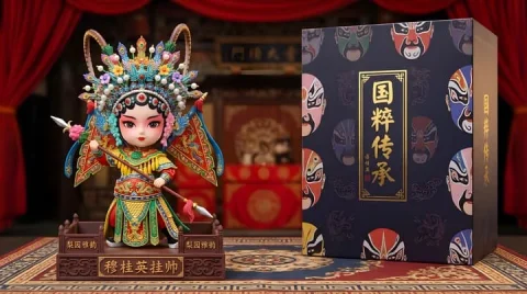 Custom Chinese Opera Figurine — Mu Guiying Takes Command — Nano Banana 2 AI Prompt: Design a custom collectible figure for the "京剧花旦·穆桂英" national-opera seri...