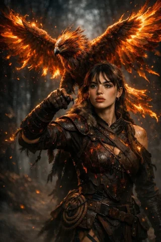 The Ember-Armored Falconer and the Flame-Winged Divine Bird — Nano Banana 2 AI Prompt: A cinematic fantasy scene of a fierce female use image for face reference warrio...