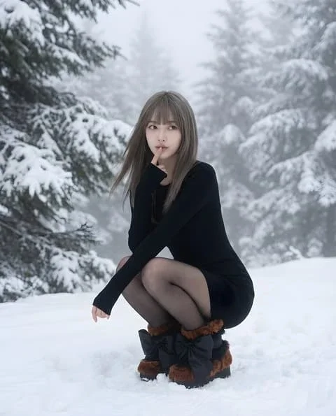 Girl in a Black Dress in a Snowy Forest
