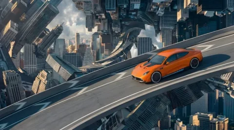 SkyRacer — Nano Banana 2 AI Prompt: Bright orange low-profile streamlined sports car accelerating rapidly along a ri...