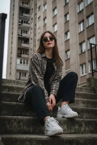 CityGrit — Nano Banana 2 AI Prompt: Young woman sitting casually on outdoor concrete stairs, posing with a cool, con...
