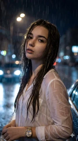 Contemplative Woman in Rainy City Night — Nano Banana 2 AI Prompt: { "type": "image_generation_prompt", "aspect_ratio": "9:16", "style": "hyper-rea...