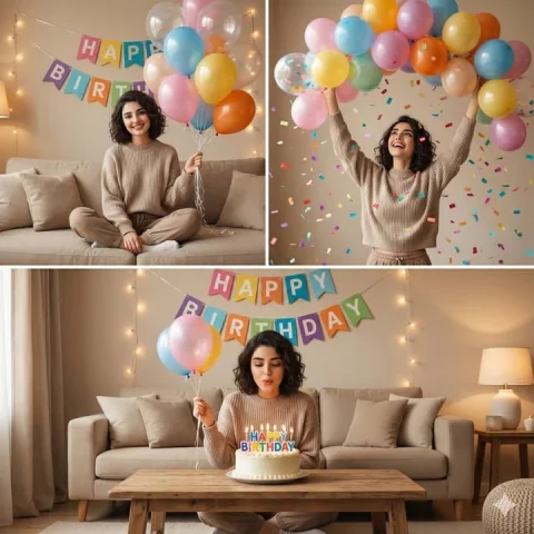 Cozy Indoor Birthday Celebration Collage — Nano Banana 2 AI Prompt: A cozy indoor birthday celebration collage featuring the same woman in multiple...