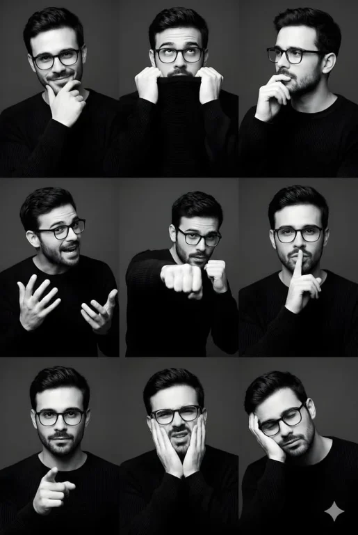 B&W 9-Grid Multi-Emotion Portrait of Man in Black