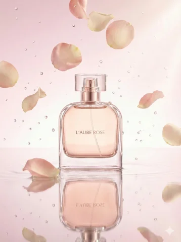 Floral Fragrance Perfume (Soft & Romantic) — Nano Banana 2 AI Prompt: High-end commercial shot of a minimalist glass perfume bottle filled with pale r...