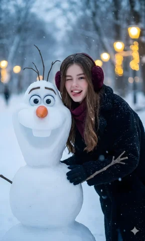 Warm Encounter in the Winter Park — Nano Banana 2 AI Prompt: Ultra-realistic winter portrait, 8K, soft cinematic lighting, shallow depth of f...
