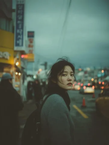 Lonely Gaze in the Urban Twilight — Nano Banana 2 AI Prompt: Prompt: { "subject": { "description": "Young East Asian woman", "pose"...