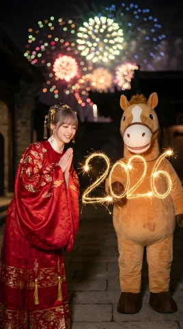Night of Ming Dynasty Fireworks — Nano Banana 2 AI Prompt: CHARACTER_CORE Scene: open courtyard night, photoreal fireworks bokeh. Horse ele...
