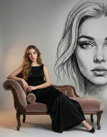 Cinematic Quality Portrait — Nano Banana 2 AI Prompt: A cinematic studio portrait of an elegant woman in a long black evening dress, s...