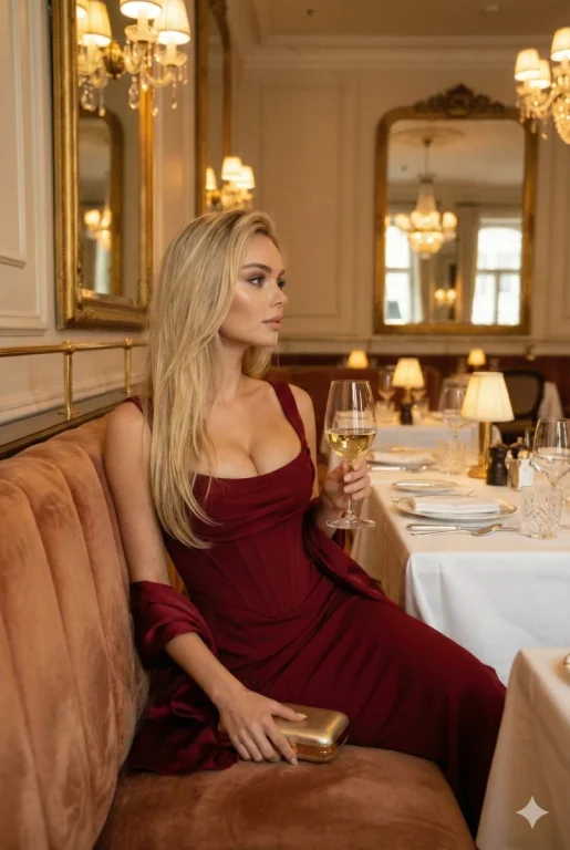 Girl in a Deep Red Dress Holding White Wine