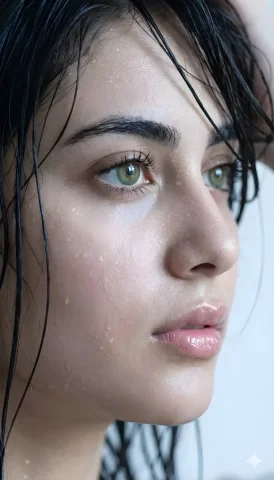 Cool Tones in Water: Hyper-Real Side Profile — Nano Banana 2 AI Prompt: Extreme wet close-up portrait, side profile of a young woman. Dark wet hair stra...