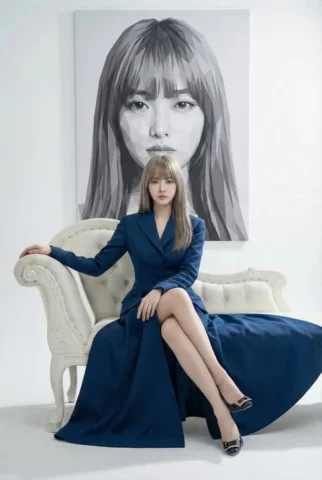 Geometric Reflection in Blue — Nano Banana 2 AI Prompt: A high-fashion studio portrait of a woman seated elegantly on a white vintage ch...