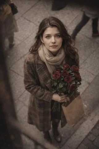 Roses Beneath a Quiet Sky — Nano Banana 2 AI Prompt: { "subject": "Young woman, high-angle shot looking up, holding roses", "clothing...