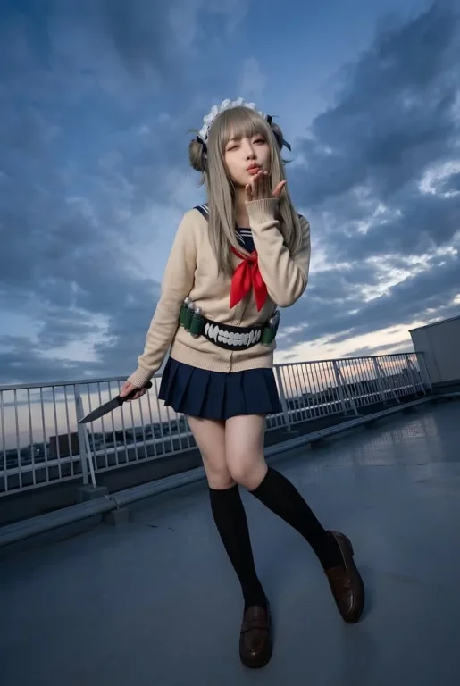 Playful Rooftop Cosplay at Dusk