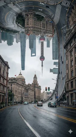 Gravity-Bent City — Nano Banana 2 AI Prompt: {current_weather} in a gravity-defying {city_name}. The asphalt street curves se...