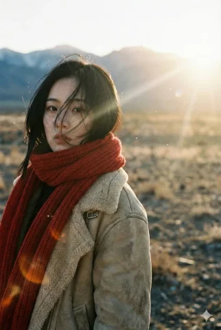 Golden Wind Portrait — Nano Banana 2 AI Prompt: A cinematic, film-style portrait of a beautiful Chinese young woman. Her messy b...