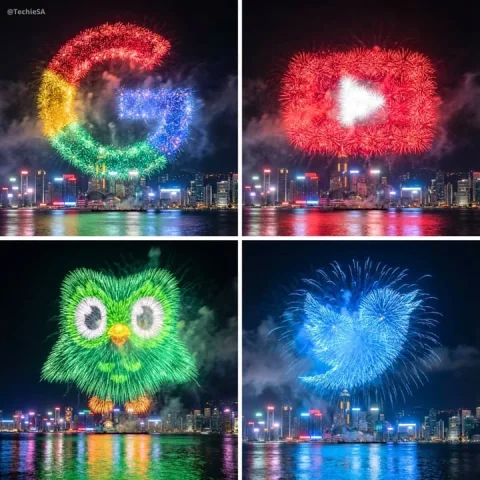 Logo-Shaped Fireworks Over a Waterfront City — Nano Banana 2 AI Prompt: “Create a spectacular fireworks display photograph over a waterfront cityscape a...