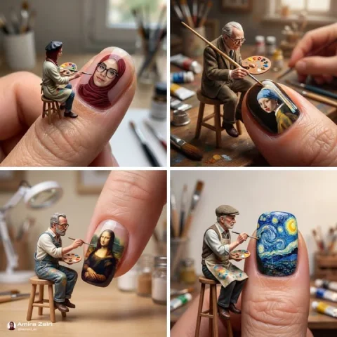 Miniature Artist Painting on a Giant Human Fingernail — Nano Banana 2 AI Prompt: A close-up, hyper-realistic photograph of a tiny artist sitting on a stool and p...
