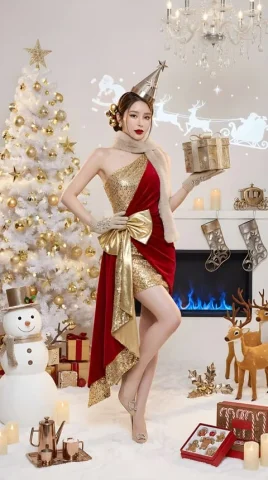 Christmas Special - Icy Chic: Sweet & Cool Looks in a Snapshot — Nano Banana 2 AI Prompt: [关键：保持精确的面部特征，保留原始脸部结构，整个拼图中角色完全一致] 高级时尚感...