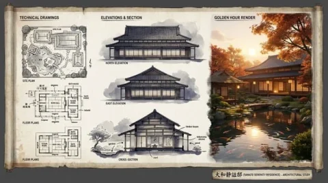 Architectural Illustrator's Presentation Board for a Residence — Nano Banana 2 AI Prompt: An expert architectural illustrator's presentation board for a [STYLE] residence...