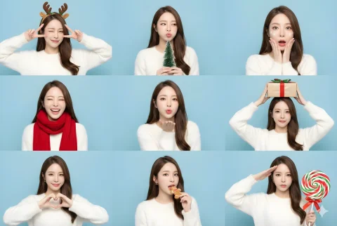 Christmas Special - Christmas-Limited Photo Stickers, 9-Panel Full Sweetness — Nano Banana 2 AI Prompt: (9-panel grid collage, photobooth style, studio lighting). A fun and vibrant 3x3...
