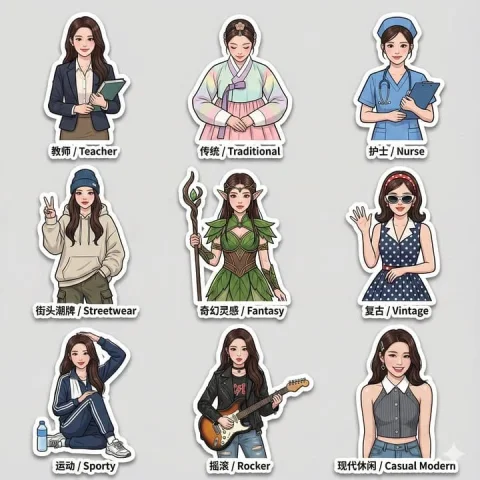 Stickers of Different Clothing Styles — Nano Banana 2 AI Prompt: A 3x3 sticker pack based on an uploaded reference photo, featuring the same char...