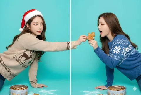 Christmas Special - Gingerbread Cross-Frame Feeding — Nano Banana 2 AI Prompt: 【关键：两边人物的面部必须与源图像完全相同】 左侧面板：穿着带有驯鹿图案的米色毛...