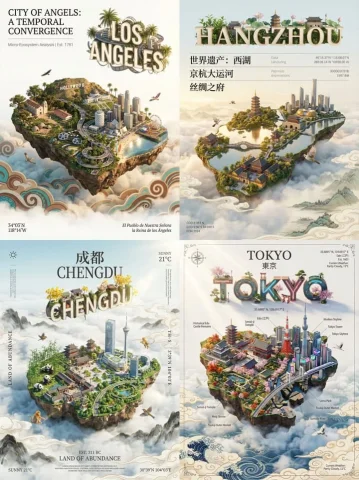 Digital Art Poster Of A City Rendering — Nano Banana 2 AI Prompt: 一张针对 [城市名称] 的城市渲染数字艺术海报。 画面核心主体是一个漂浮在白云上方、...