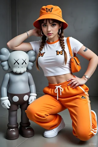 Woman Standing Beside A KAWS-Style Art Sculpture — Nano Banana 2 AI Prompt: Ultra realistic fashion editorial photography of a stylish young woman posing ne...