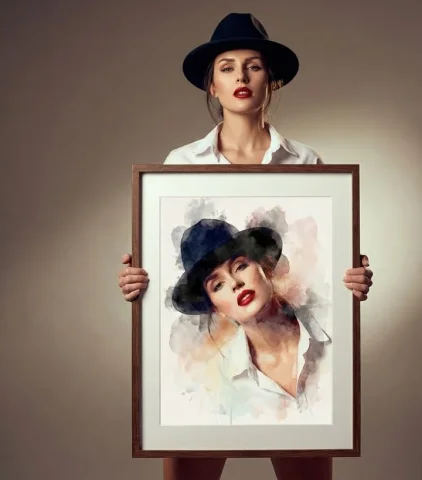 Woman Holding Her Own Wooden Picture Frame — Nano Banana 2 AI Prompt: A stylish woman wearing a black fedora and white shirt stands against a soft neu...