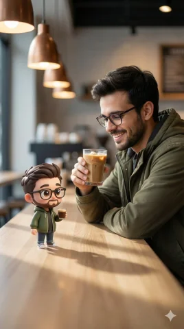 Displayed Chibi Model Resembling The Person — Nano Banana 2 AI Prompt: A young man sitting casually at a modern café counter, smiling while holding a g...
