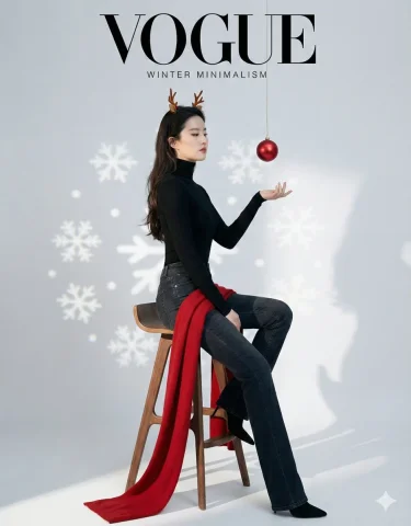 Christmas Special - Red Accents Highlight Christmas Fashion — Nano Banana 2 AI Prompt: (Magazine cover layout, minimalist composition, negative space). A full-body stu...