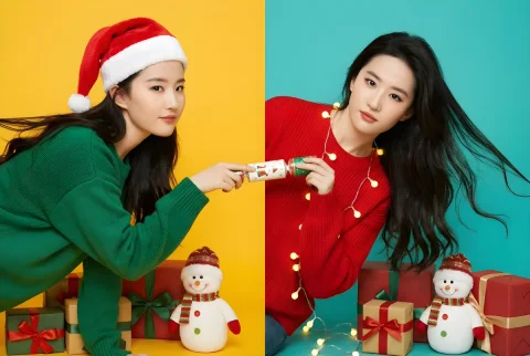 Christmas Special - My Christmas In Sync With Myself — Nano Banana 2 AI Prompt: (2-panel vertical split, twin concept, studio photography). Two panels side-by-s...