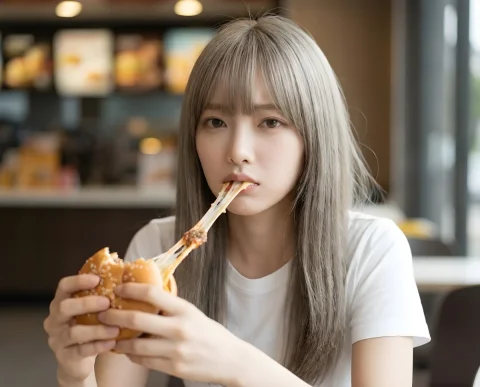 The Stretching Hamburger: A Confused Close-Up Moment — Nano Banana 2 AI Prompt: [ The model is eating hamburger deliciously. After chewing several times, when t...