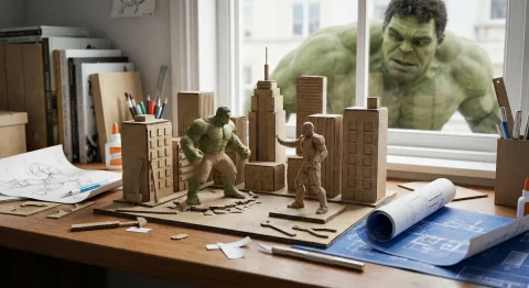 The Secret Life of Virtual Characters — Nano Banana 2 AI Prompt: A window-side desk scene: a miniature recreation of a classic shot from {*Title*...